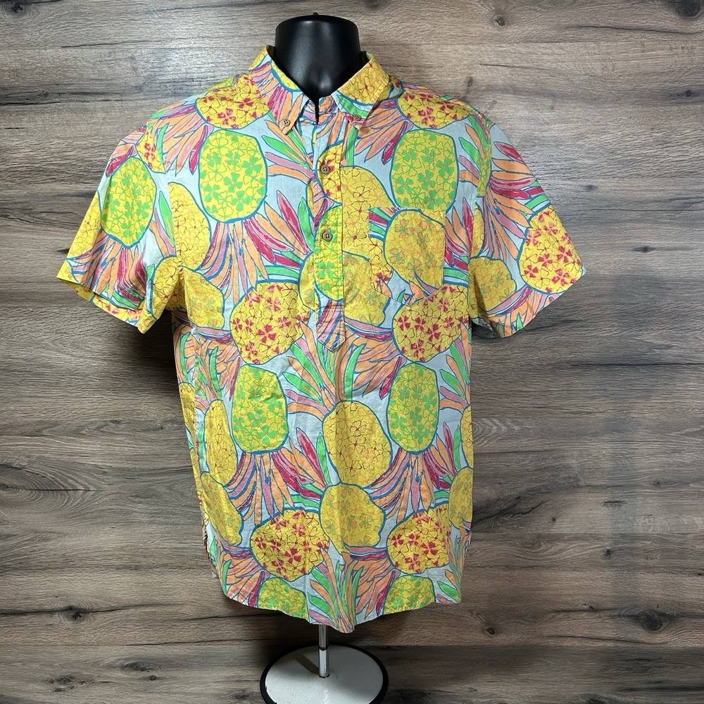 The Nutter Shirt Mens Large Chubbies Short Sleeve Pop Over Polo Pineapples AOP